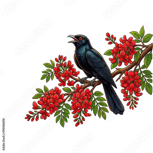 Koha Bird on Erabadu Flowering Branch, Symbol of Sinhala and Tamil New Year, Vector Illustration