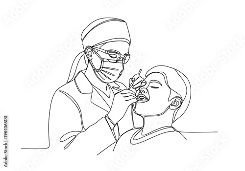 Dentist treating patient in dental clinic on minimalist background