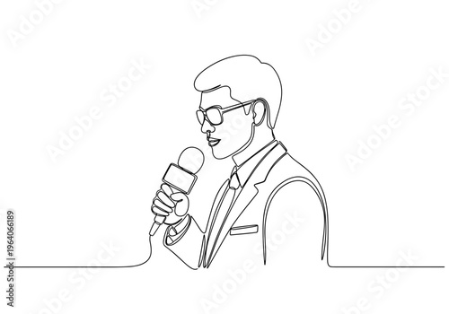 Male reporter speaking into microphone on minimalist background