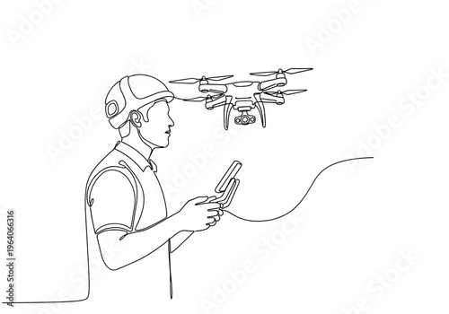 Male drone operator controlling quadcopter on minimalist background