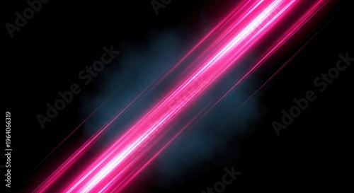 Luminous diagonal light streaks with smooth motion blur in vibrant pink crossing a dark blue minimal background on blacksolid background