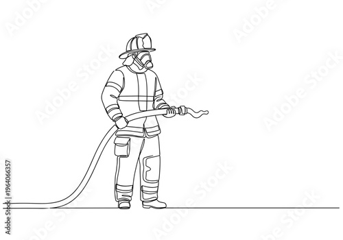 Firefighter holding hose ready to extinguish fire on minimalist background