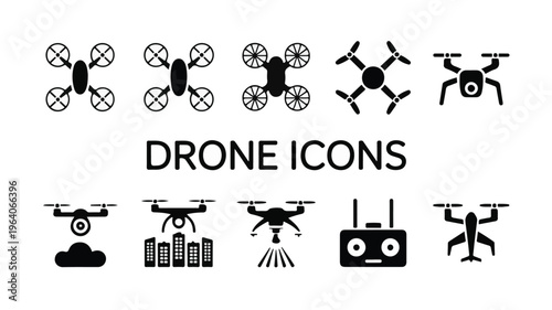 Drone Icons with Text and Cityscape Keywords: drone, quadcopter, remote control, city, buildings