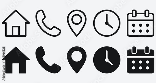 Interface icon set. Phone receiver, home, location pin, clock and calendar elements form a clean contact vector illustration. Navigation and scheduling symbol. Call and visit planning sign.
