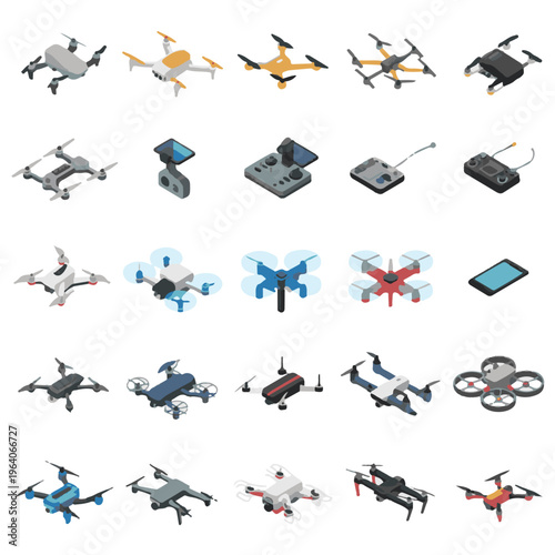 Isometric collection of various drone models and controllers