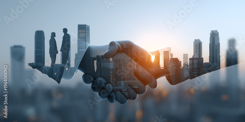 Diverse professionals shaking hands in city skyline symbolizing partnership agreement trust corporate collaboration and successful global business relationships concept