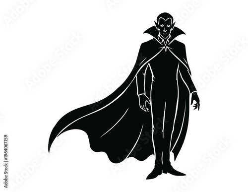 Minimal Vampire Silhouette with Cape in Gothic Style Black and White Vector