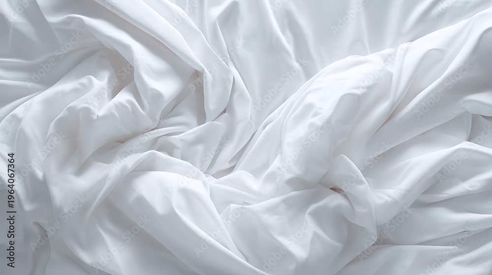 Obraz premium Soft White Bed Sheets Background with Gentle Folds and Subtle Shadows, Luxurious Fabric Texture, Clean and Minimalist Textile Design