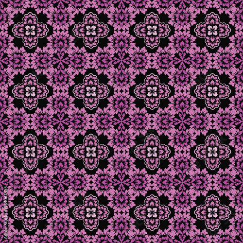 Luxury Purple Damask Seamless Pattern on Black Elegant Vintage Floral Background
