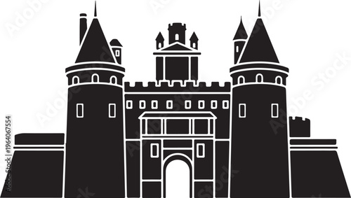 Black and white castle towers.