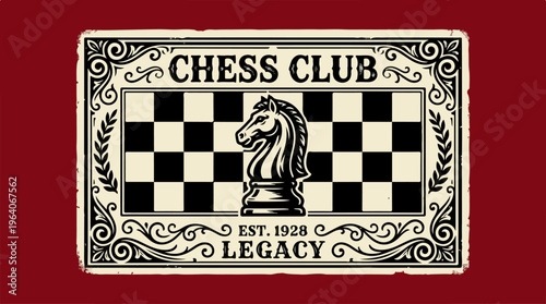 Vintage Chess Club Legacy Emblem with Knight and Checkered Board.