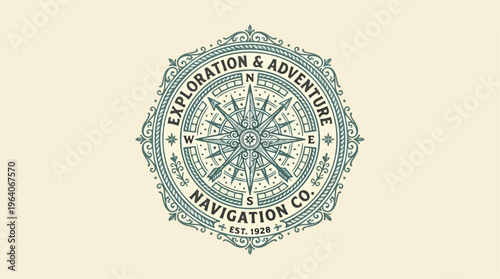 Vintage Compass Rose Exploration and Adventure Navigation Company Logo.