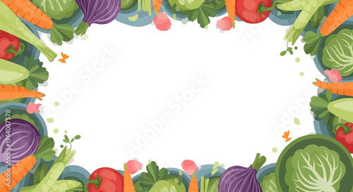 Fresh Vegetable Border Frame with Carrots, Cabbage, Onions, Tomatoes, Celery, Radishes