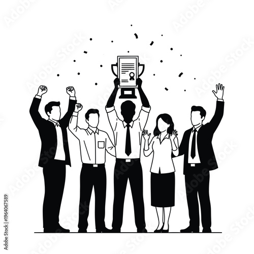 Business team celebrating success with trophy and certificate.