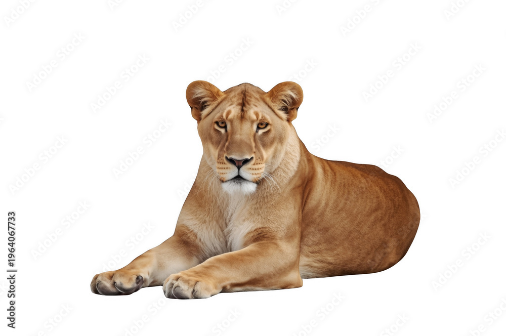 Obraz premium Lioness resting looking watching camera isolated