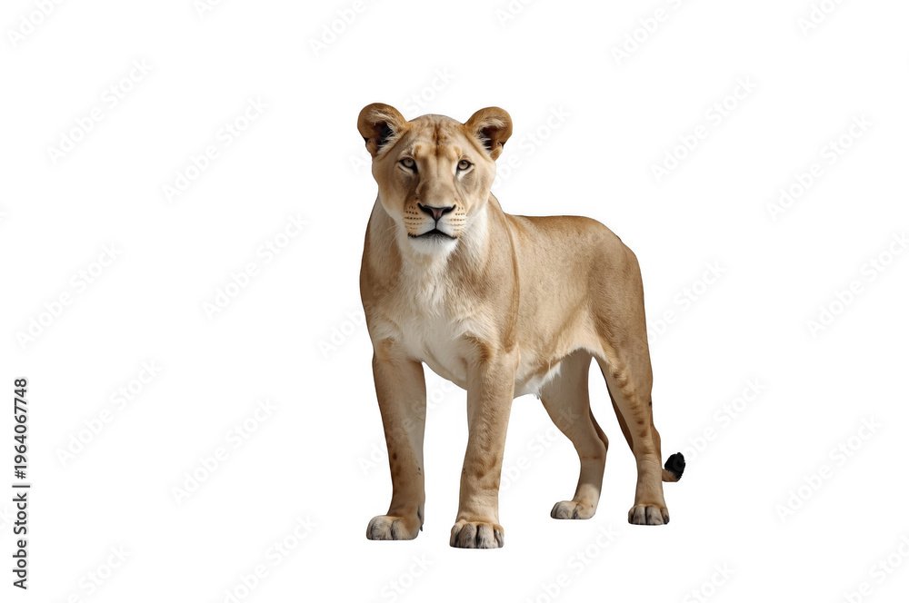 Fototapeta premium Lioness standing looking forward on transparent background