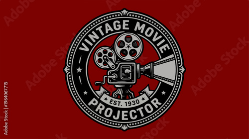 Vintage Movie Projector Logo on Red Background.