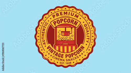 Vintage Popcorn Cinema Snacks Logo Design on Blue Background.