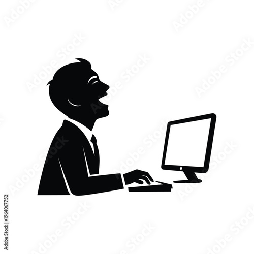 Happy businessman working on computer.