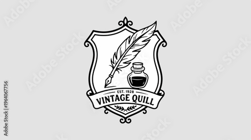 Vintage Quill Logo - Elegant Design Featuring Feather and Inkwell.