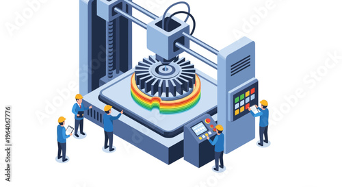 Industrial engineers using 3D printer machine to manufacture mechanical gear prototypes in a modern high tech factory environment