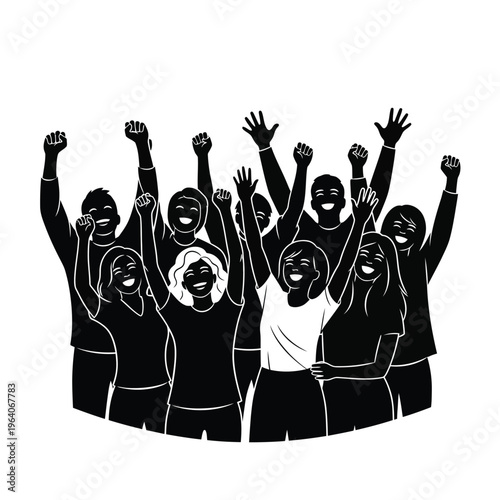 Joyful diverse crowd celebrating success together.