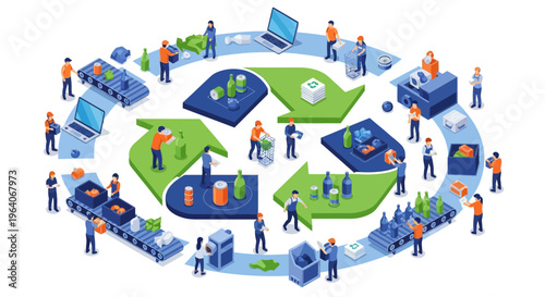 Isometric circular economy concept showing people recycling various waste items for a sustainable and green environment