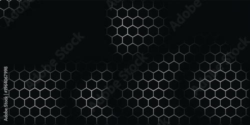 Dark hexagon abstract technology background with blue and green colored bright flashes under hexagon. Hexagonal gaming vector tech illustration black abstract background.
