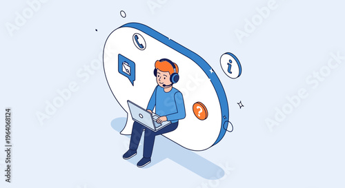 Man with mic at desk web help call team pro work icon fast blue flat
