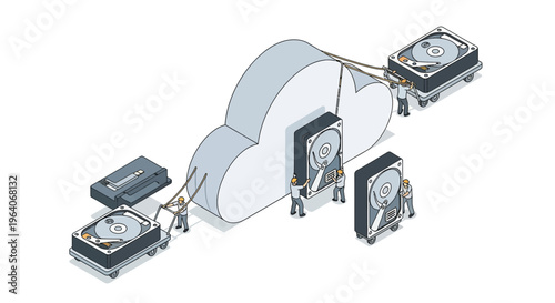 Cloud big data lake storage disk drive tech team work flow setup icon info art