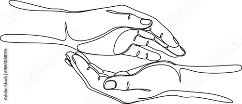 Minimalist continuous line vector graphic illustration depicting two cupped hands offering gentle protection and supportive care against a white background.