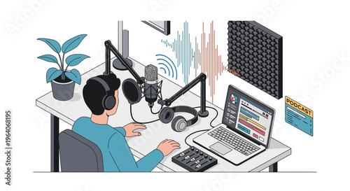Modern digital podcast studio setup where man recording audio using microphone laptop and mixer equipment