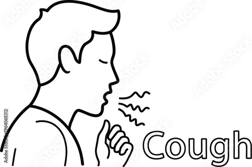 Simple black and white vector line art illustration depicting a person coughing into their hand representing illness or respiratory symptoms icon design