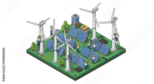 Eco sun wind farm job in isometric grid tech plan to aid a green life