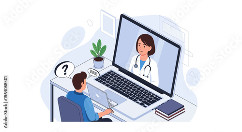 Online medical consultation with female doctor via laptop screen for virtual healthcare advice and remote patient support service