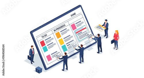 Agile Project Management Team Collaborating on Kanban Board for Task Planning and Workflow Development in Modern Office
