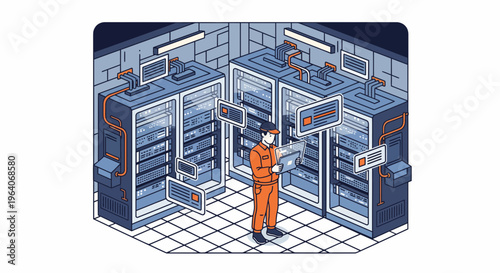 Professional IT Engineer Using Digital Tablet To Monitor Server Racks Inside High Tech Data Center Room
