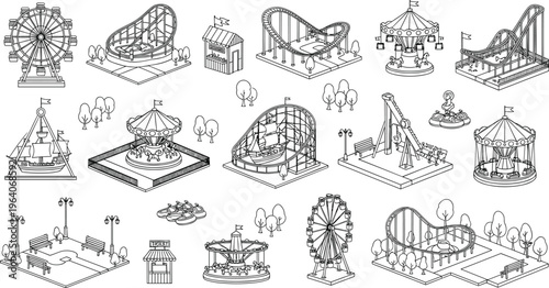 Isometric amusement park line art collection featuring roller coaster, ferris wheel, carousel, carnival rides, and fairground attractions for design
