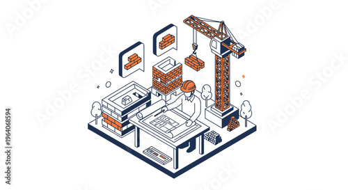 Architect at desk plan house build with crane brick wall and site job work