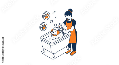 a dog in a tub and a girl with soap at pet shop for care