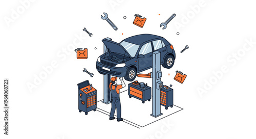 Professional automotive mechanic fixing car on hydraulic lift with tools in garage workshop service station facility maintenance