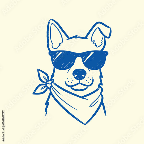 Cute hand drawn dog portrait wearing sunglasses and bandana in blue line art style.