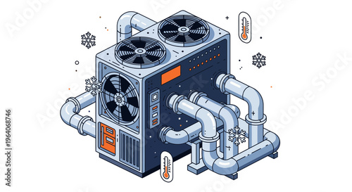 Industrial Refrigeration HVAC System Chiller Machine With Ventilation Fans Pipes For Climate Control Technology Equipment Vector