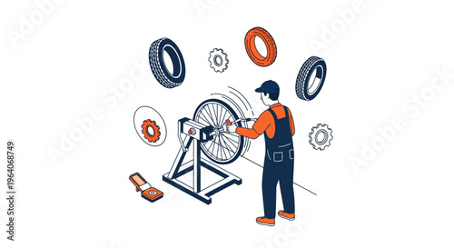 Professional mechanic repair man in blue overalls fixing bike wheel using machine and spare tires