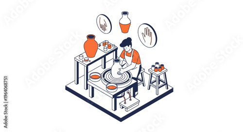 An isometric vector illustration depicting a female artist creating ceramic clay pottery on a spinning wheel in her creative studio workshop with handmade vases
