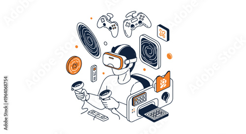 A person playing virtual reality video games with headset and controllers for an immersive digital tech experience