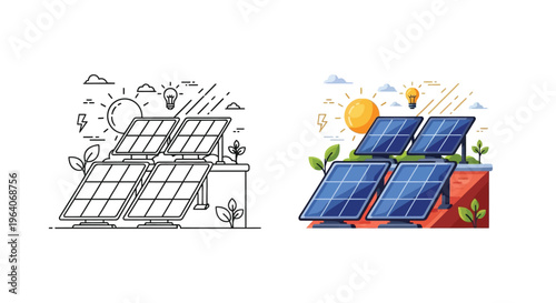 Vector graphic illustration depicting rooftop solar panels capturing sunlight to generate clean, renewable energy, promoting sustainable power and environmental solutions.