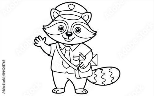 Coloring page of a cute raccoon mail carrier waving hello with a letter and satchel
