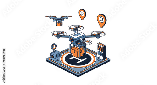 Autonomous smart delivery drone system transporting cardboard box package from landing pad with location map pin icons