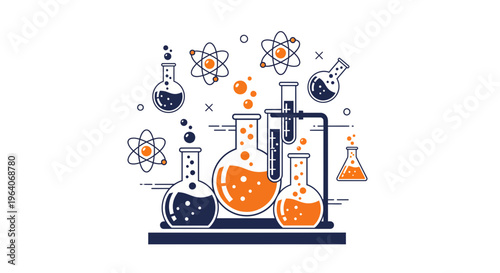 Science lab equipment flasks test tubes atoms chemical liquid research education school study chemistry and physics